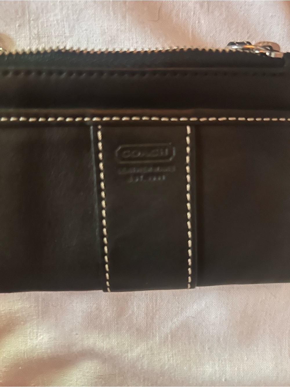 Vintage Coach Black Leather Zip-Around keychain wallet with White Stitching